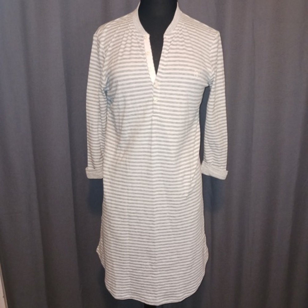 Vintage Lauren Ralph Lauren Grey White Striped‎ Henley Nightgown Long Sleeve M